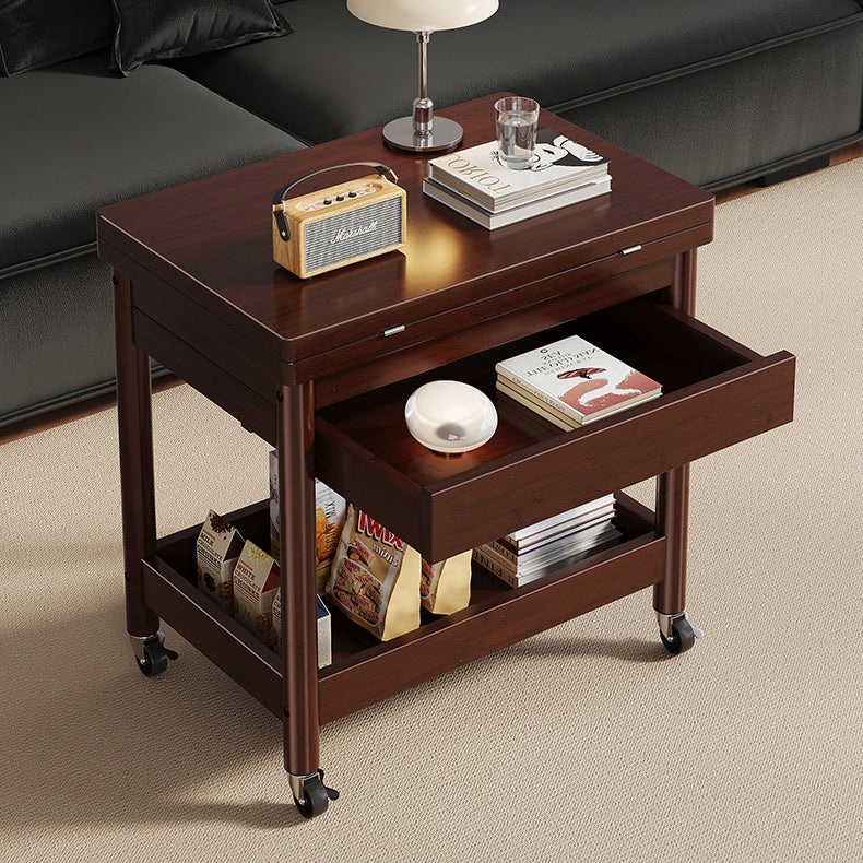 Traditional Chinese Rectangular Nan Bamboo Solid Wood Plywood Foldable Movable Coffee Table 2-Tier For Living Room