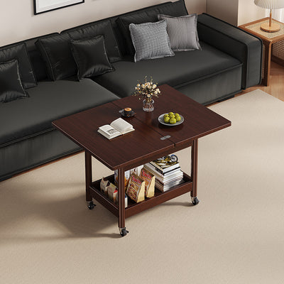 Traditional Chinese Rectangular Nan Bamboo Solid Wood Plywood Foldable Movable Coffee Table 2-Tier For Living Room