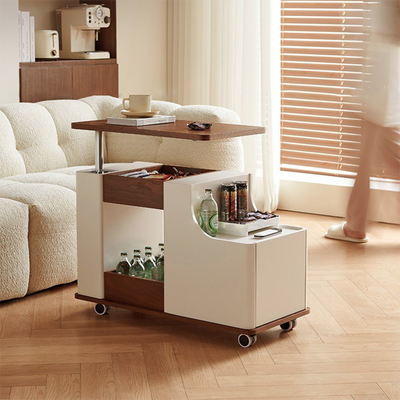 Modern Minimalist Rectangular Solid Wood Plywood Stainless Steel 360°Swivel Height Adjustable Movable End Table 5-Cabinet For Living Room