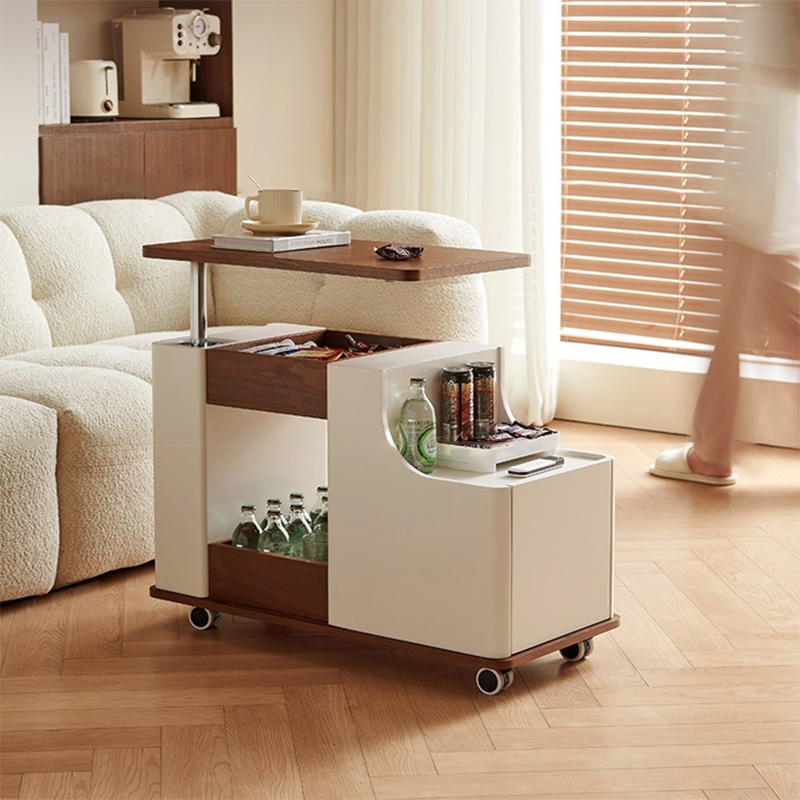 Modern Minimalist Rectangular Solid Wood Plywood Stainless Steel 360°Swivel Height Adjustable Movable End Table 5-Cabinet For Living Room