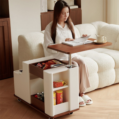 Modern Minimalist Rectangular Solid Wood Plywood Stainless Steel 360°Swivel Height Adjustable Movable End Table 5-Cabinet For Living Room