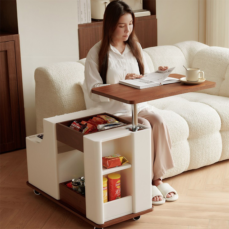 Modern Minimalist Rectangular Solid Wood Plywood Stainless Steel 360°Swivel Height Adjustable Movable End Table 5-Cabinet For Living Room