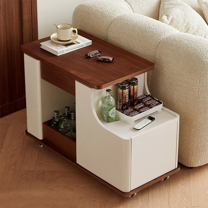 Modern Minimalist Rectangular Solid Wood Plywood Stainless Steel 360°Swivel Height Adjustable Movable End Table 5-Cabinet For Living Room