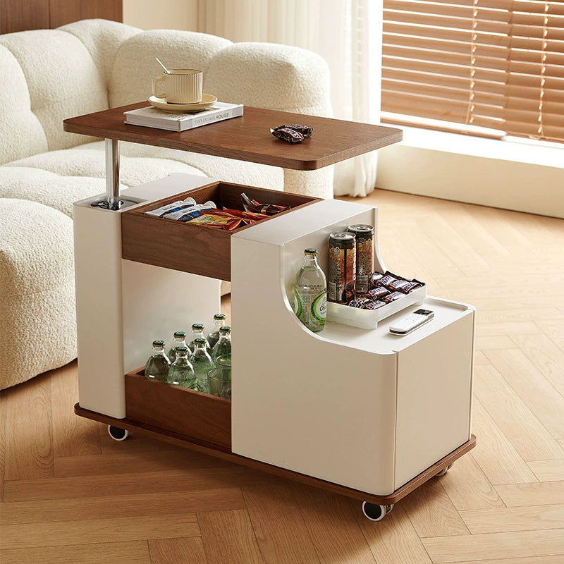 Modern Minimalist Rectangular Solid Wood Plywood Stainless Steel 360°Swivel Height Adjustable Movable End Table 5-Cabinet For Living Room