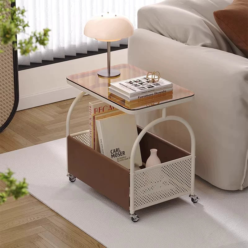 Mesa Auxiliar Móvil de 2 Niveles para Sala de Estar de Acero al Carbono con Cuero Resistente a Arañazos de Gato, Vidrio Templado Rectangular Minimalista Moderna 