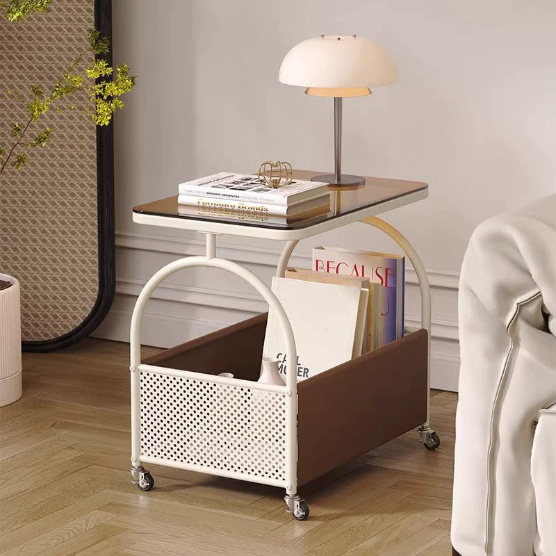 Modern Minimalist Rectangular Tempered Glass Cat Scratch Leather Carbon Steel Movable End Table 2-Tier For Living Room