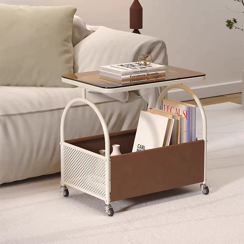 Mesa Auxiliar Móvil de 2 Niveles para Sala de Estar de Acero al Carbono con Cuero Resistente a Arañazos de Gato, Vidrio Templado Rectangular Minimalista Moderna 