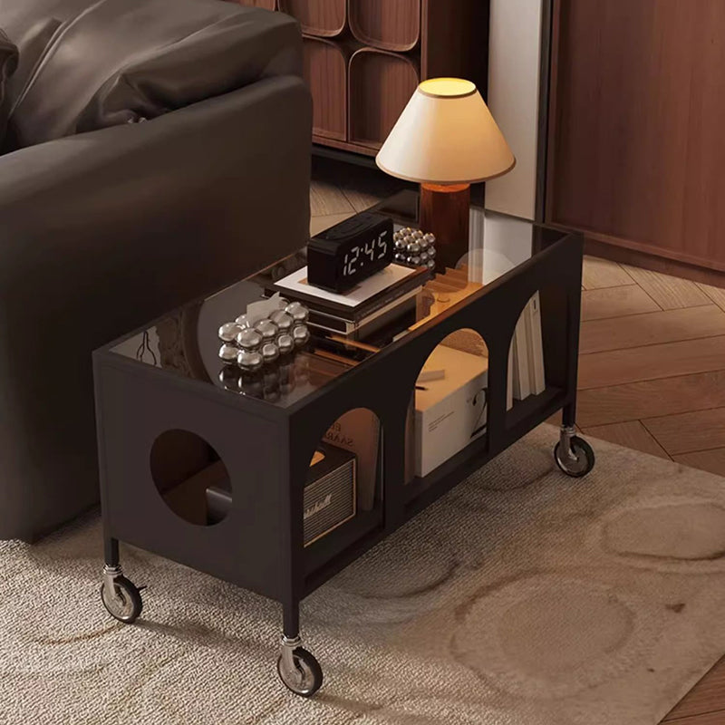 Modern Minimalist Rectangular Tempered Glass Iron Movable End Table 2-Tier For Living Room