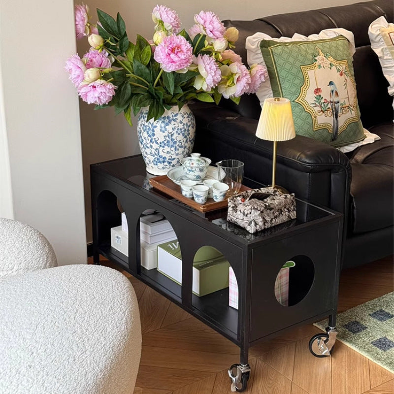 Modern Minimalist Rectangular Tempered Glass Iron Movable End Table 2-Tier For Living Room