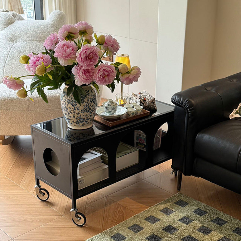 Modern Minimalist Rectangular Tempered Glass Iron Movable End Table 2-Tier For Living Room