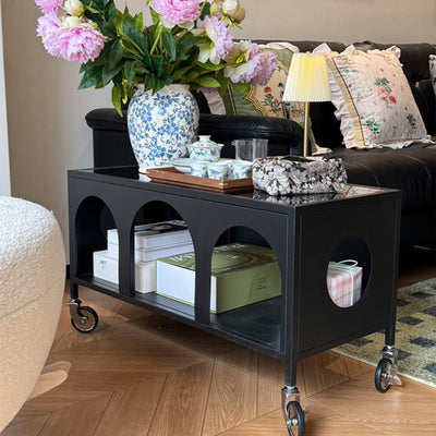 Modern Minimalist Rectangular Tempered Glass Iron Movable End Table 2-Tier For Living Room