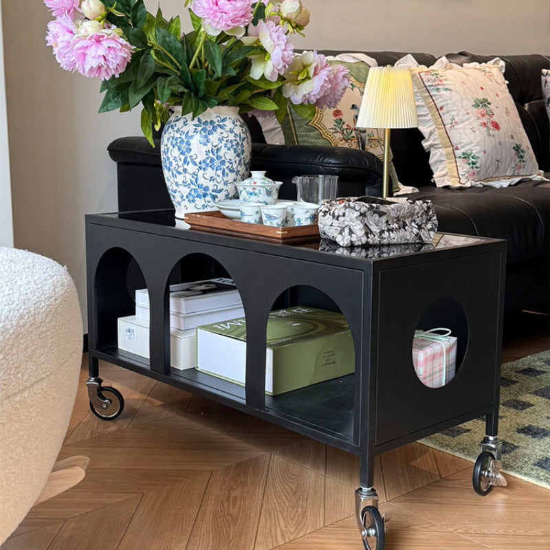 Modern Minimalist Rectangular Tempered Glass Iron Movable End Table 2-Tier For Living Room