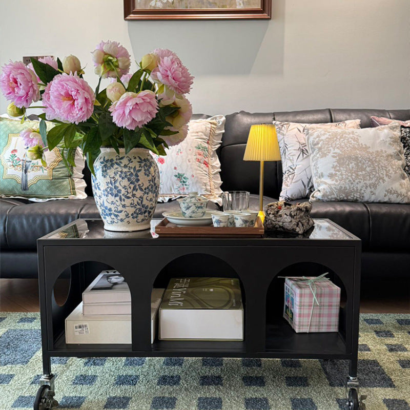 Modern Minimalist Rectangular Tempered Glass Iron Movable End Table 2-Tier For Living Room