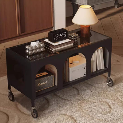 Modern Minimalist Rectangular Tempered Glass Iron Movable End Table 2-Tier For Living Room