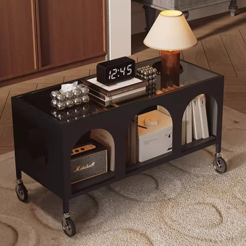 Modern Minimalist Rectangular Tempered Glass Iron Movable End Table 2-Tier For Living Room