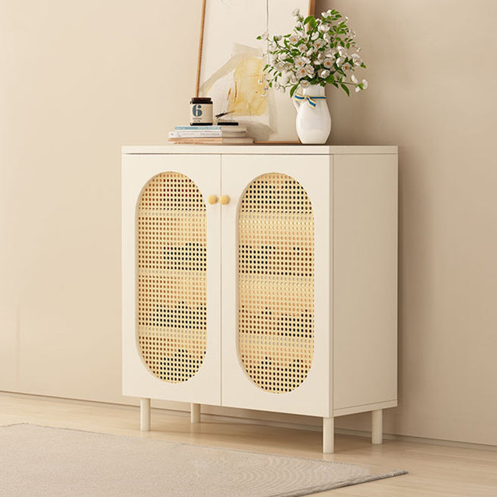 Rangement à chaussures 4 niveaux en rotin rectangulaire minimaliste moderne avec verre, MDF, bois massif et panneau écologique tissé pour entrées 