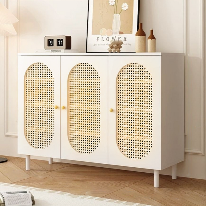 Moderner minimalistischer rechteckiger Rattan-Glas-MDF-Massivholz-Öko-Board-Webschuhspeicher 4-stufig für Eingangsbereiche 