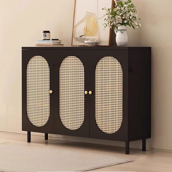 Moderner minimalistischer rechteckiger Rattan-Glas-MDF-Massivholz-Öko-Board-Webschuhspeicher 4-stufig für Eingangsbereiche 