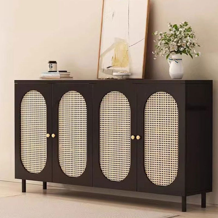 Moderner minimalistischer rechteckiger Rattan-Glas-MDF-Massivholz-Öko-Board-Webschuhspeicher 4-stufig für Eingangsbereiche 