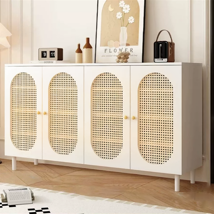 Moderner minimalistischer rechteckiger Rattan-Glas-MDF-Massivholz-Öko-Board-Webschuhspeicher 4-stufig für Eingangsbereiche 