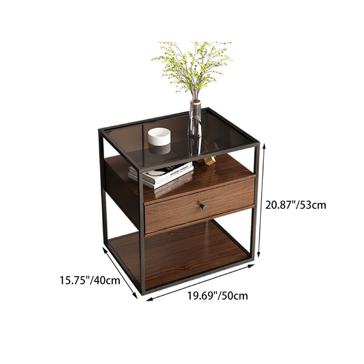 Mesita de noche contemporánea retro cuadrada rectangular de vidrio MDF hierro 1/2 cajón para dormitorio 