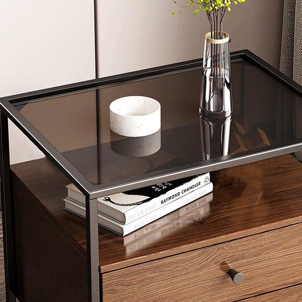 Mesita de noche contemporánea retro cuadrada rectangular de vidrio MDF hierro 1/2 cajón para dormitorio 