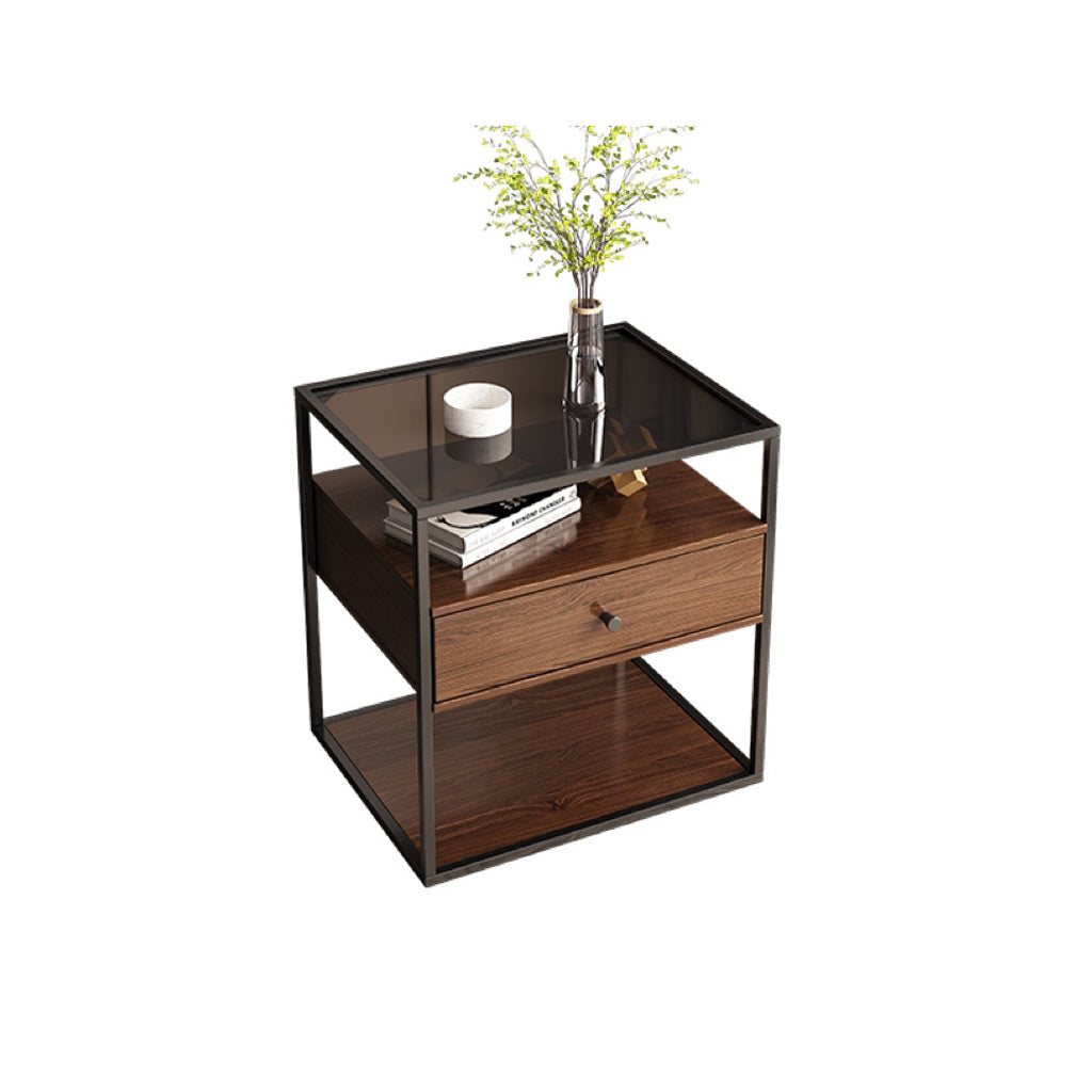 Mesita de noche contemporánea retro cuadrada rectangular de vidrio MDF hierro 1/2 cajón para dormitorio 