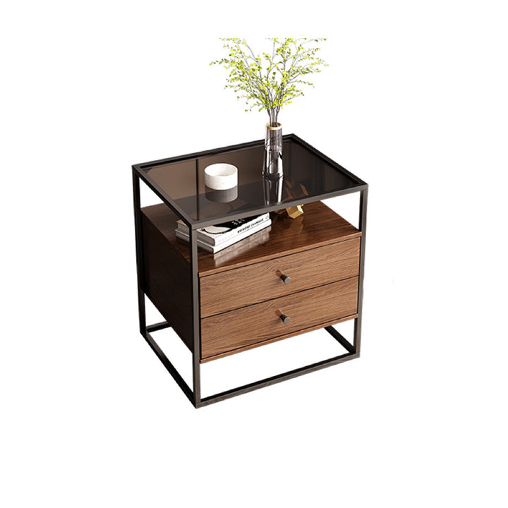 Mesita de noche contemporánea retro cuadrada rectangular de vidrio MDF hierro 1/2 cajón para dormitorio 