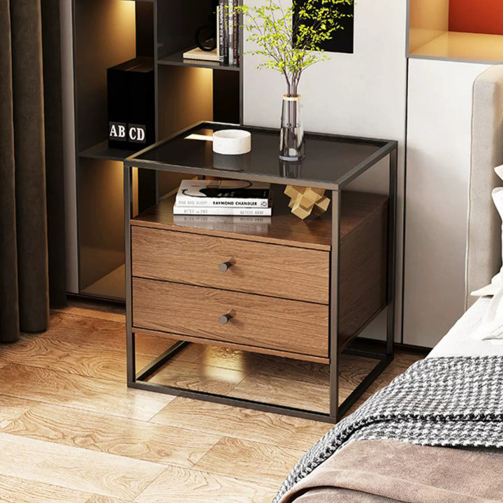 Mesita de noche contemporánea retro cuadrada rectangular de vidrio MDF hierro 1/2 cajón para dormitorio 