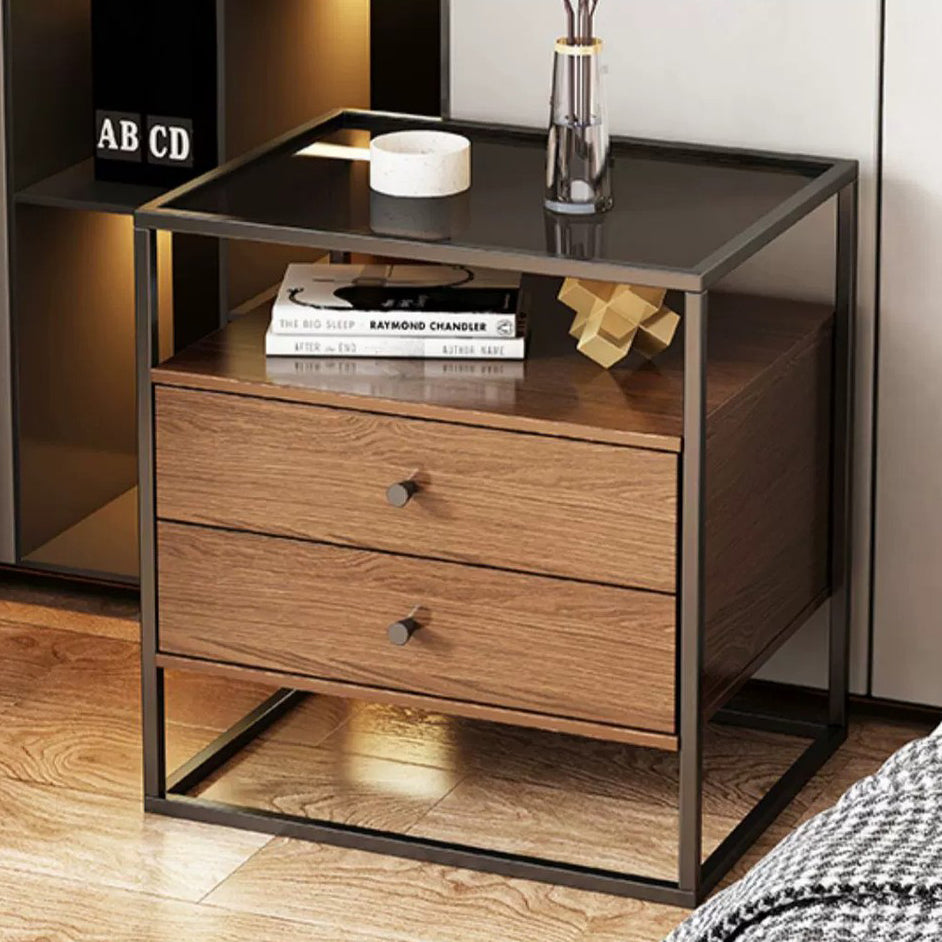 Mesita de noche contemporánea retro cuadrada rectangular de vidrio MDF hierro 1/2 cajón para dormitorio 