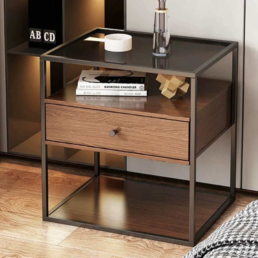 Mesita de noche contemporánea retro cuadrada rectangular de vidrio MDF hierro 1/2 cajón para dormitorio 