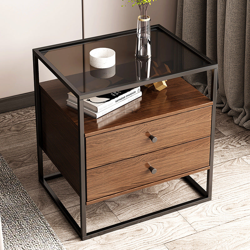 Mesita de noche contemporánea retro cuadrada rectangular de vidrio MDF hierro 1/2 cajón para dormitorio 