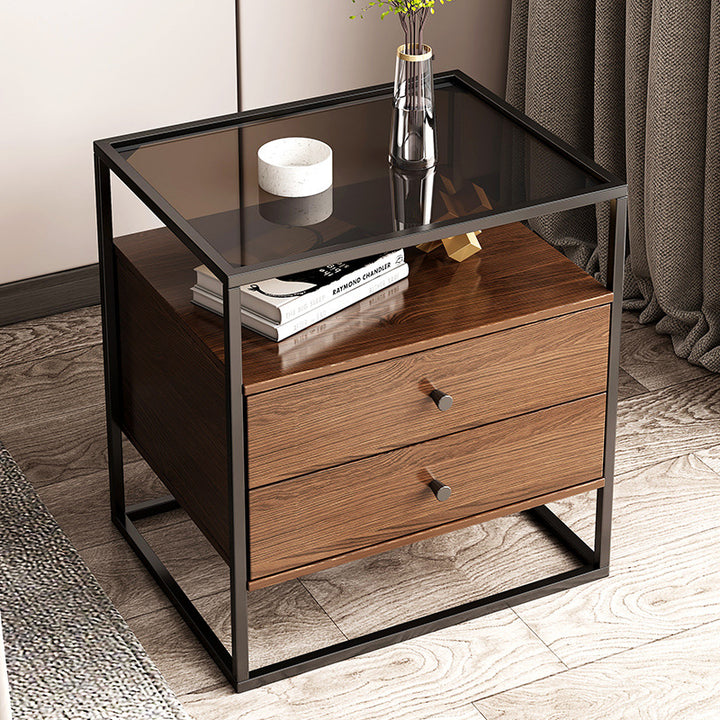 Mesita de noche contemporánea retro cuadrada rectangular de vidrio MDF hierro 1/2 cajón para dormitorio 