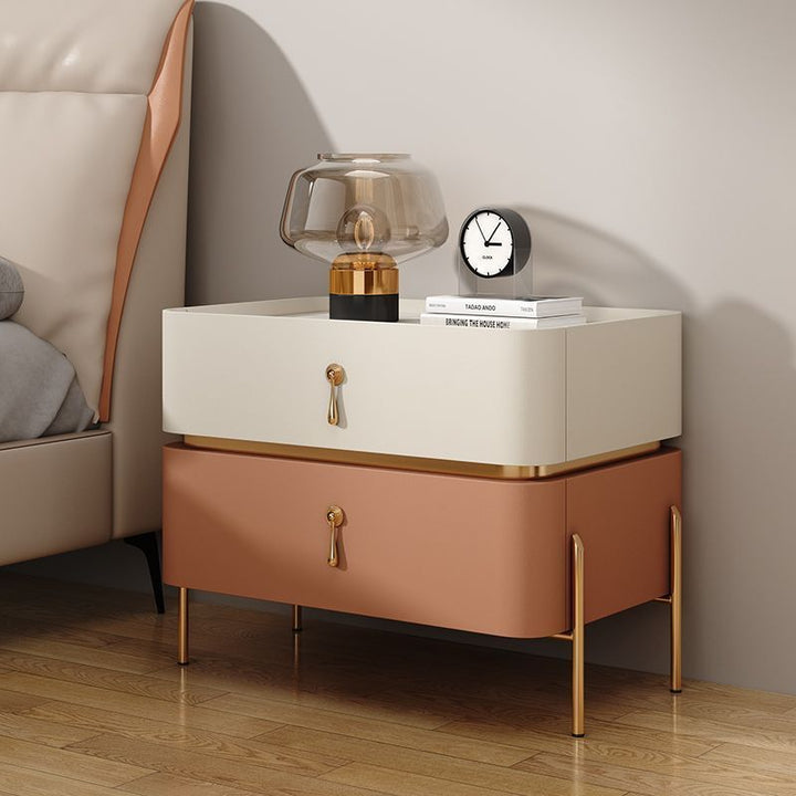 Zeitgenössischer Luxus quadratischer rechteckiger Steinschicht Mikrofaserleder Massivholz Sperrholz Kiefernholz Nachttisch 2-Schublade für Schlafzimmer 