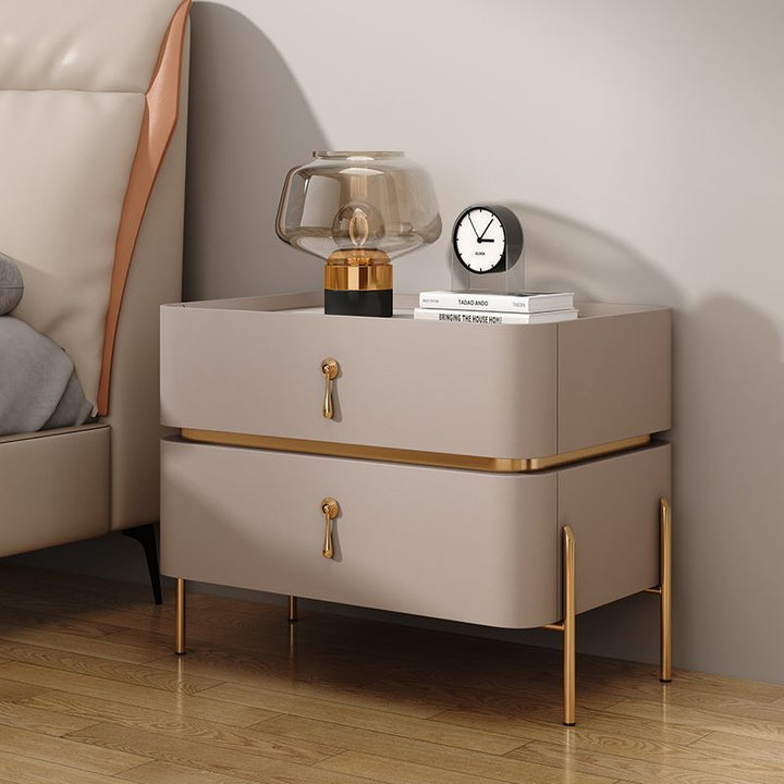 Zeitgenössischer Luxus quadratischer rechteckiger Steinschicht Mikrofaserleder Massivholz Sperrholz Kiefernholz Nachttisch 2-Schublade für Schlafzimmer 
