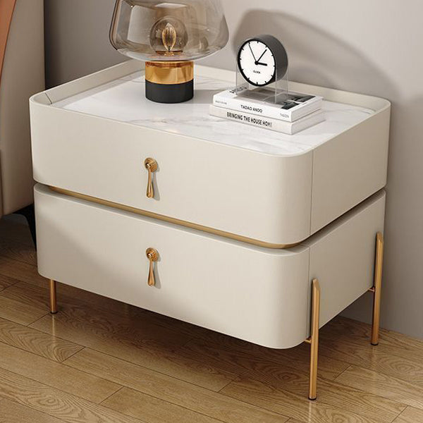 Zeitgenössischer Luxus quadratischer rechteckiger Steinschicht Mikrofaserleder Massivholz Sperrholz Kiefernholz Nachttisch 2-Schublade für Schlafzimmer 