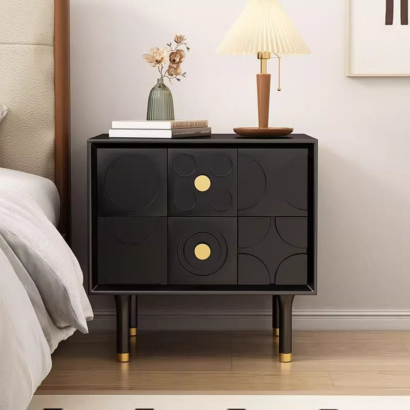 Contemporary Retro Square Rectangular Rubberwood Solid Wood Plywood Nightstand 2-Drawer For Bedroom