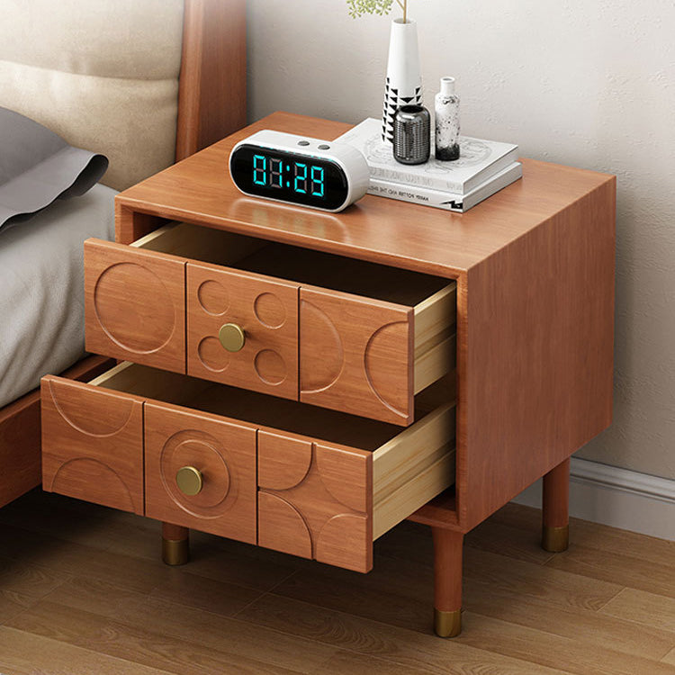 Contemporary Retro Square Rectangular Rubberwood Solid Wood Plywood Nightstand 2-Drawer For Bedroom