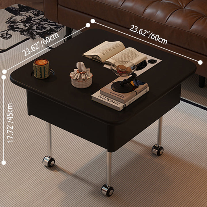 Contemporary Retro Square Rubberwood Iron Stainless Steel Height Adjustable Movable Coffee Table 2-Tier For Living Room