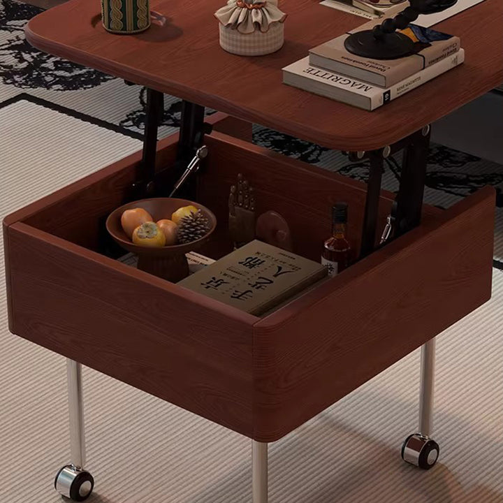 Contemporary Retro Square Rubberwood Iron Stainless Steel Height Adjustable Movable Coffee Table 2-Tier For Living Room