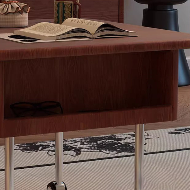 Contemporary Retro Square Rubberwood Iron Stainless Steel Height Adjustable Movable Coffee Table 2-Tier For Living Room