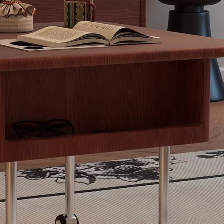 Contemporary Retro Square Rubberwood Iron Stainless Steel Height Adjustable Movable Coffee Table 2-Tier For Living Room