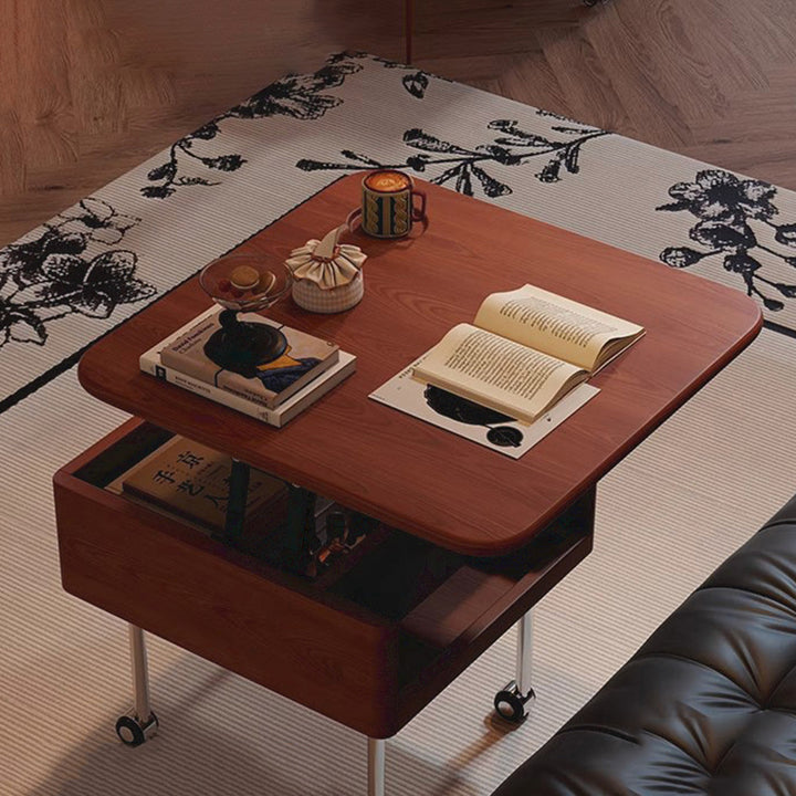 Contemporary Retro Square Rubberwood Iron Stainless Steel Height Adjustable Movable Coffee Table 2-Tier For Living Room