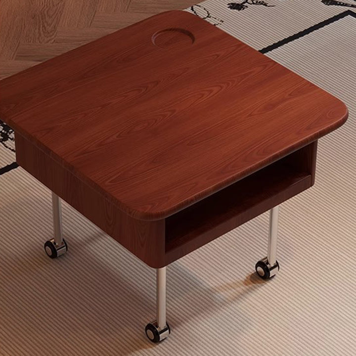 Contemporary Retro Square Rubberwood Iron Stainless Steel Height Adjustable Movable Coffee Table 2-Tier For Living Room