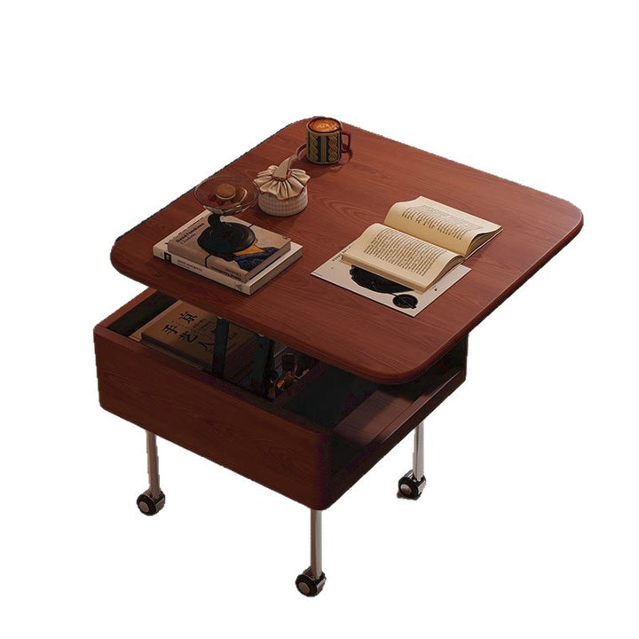 Contemporary Retro Square Rubberwood Iron Stainless Steel Height Adjustable Movable Coffee Table 2-Tier For Living Room