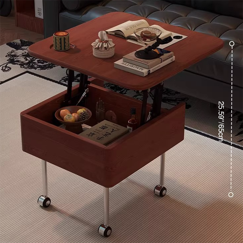 Contemporary Retro Square Rubberwood Iron Stainless Steel Height Adjustable Movable Coffee Table 2-Tier For Living Room