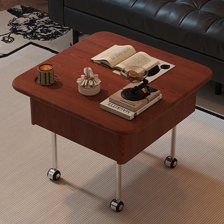 Contemporary Retro Square Rubberwood Iron Stainless Steel Height Adjustable Movable Coffee Table 2-Tier For Living Room