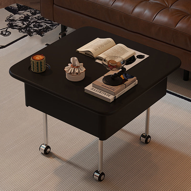 Contemporary Retro Square Rubberwood Iron Stainless Steel Height Adjustable Movable Coffee Table 2-Tier For Living Room