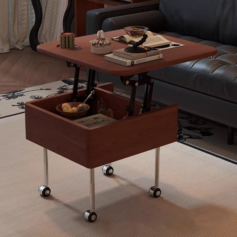 Contemporary Retro Square Rubberwood Iron Stainless Steel Height Adjustable Movable Coffee Table 2-Tier For Living Room