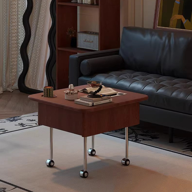 Contemporary Retro Square Rubberwood Iron Stainless Steel Height Adjustable Movable Coffee Table 2-Tier For Living Room